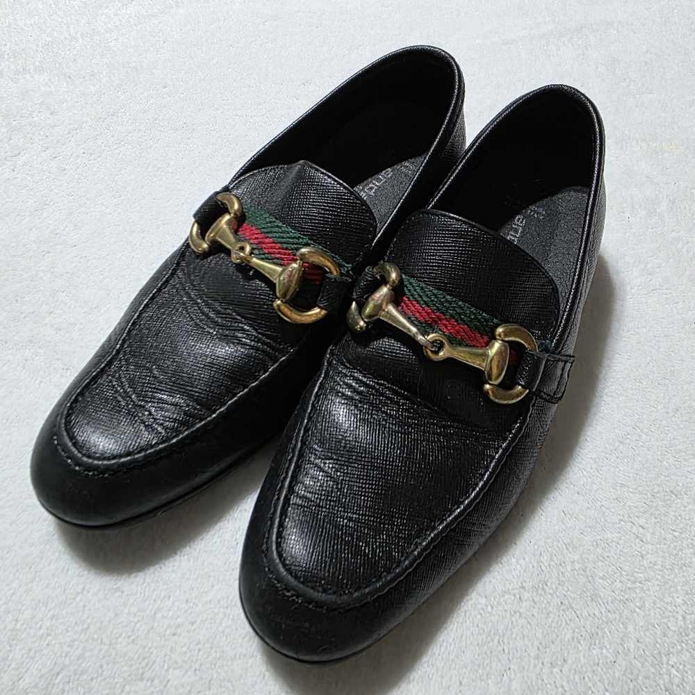 Andanines Boys Green Red Ribbon Chain Slip-On Luxurious Black Leather Loafers 29